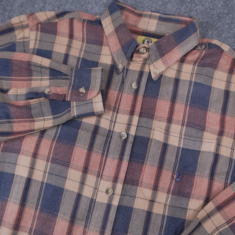 Duck Head Plaid Button Down Shirt Mens XL Blue Tan Red Herringbone Cotton